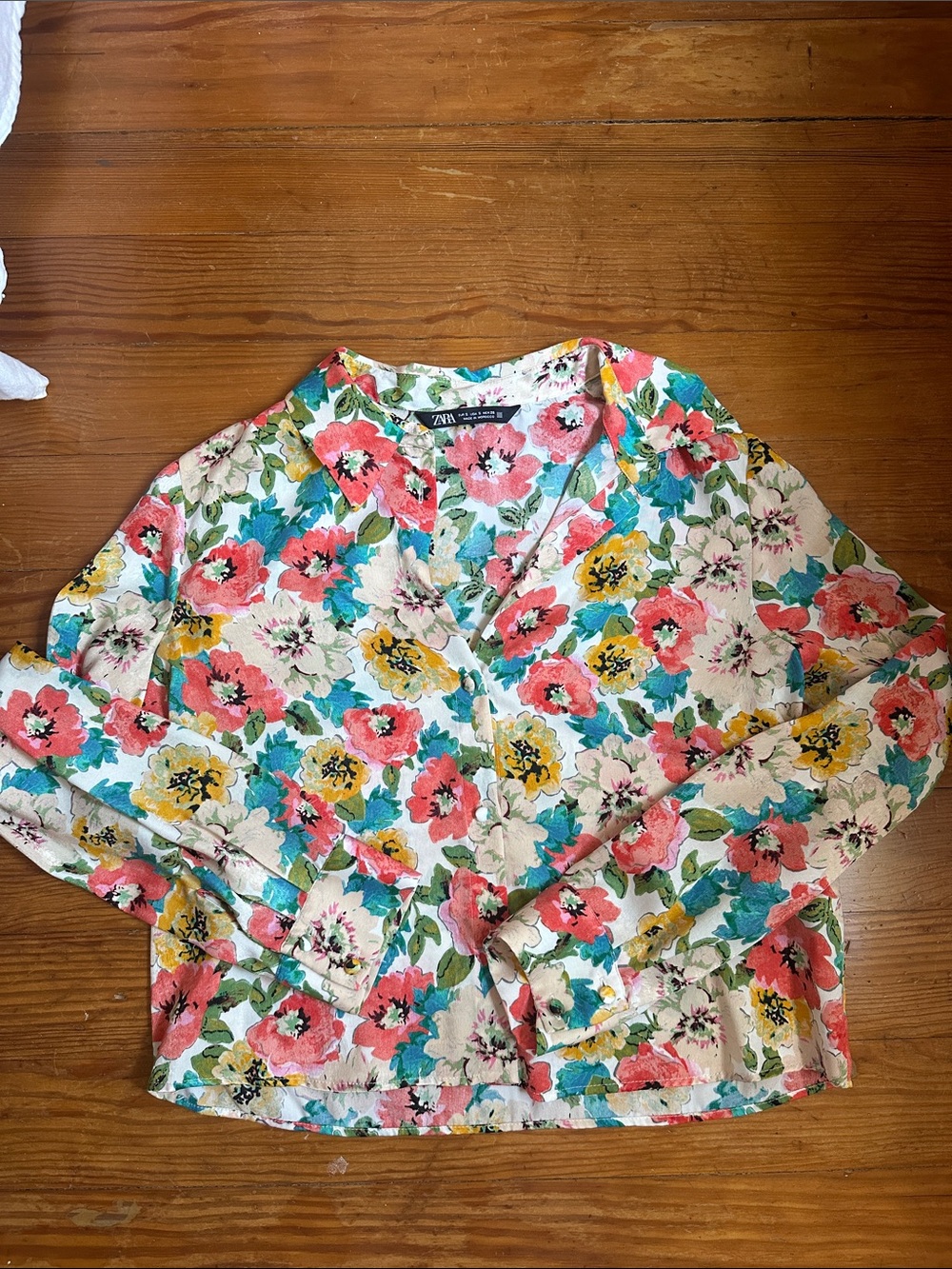 Zara Floral V-Neck Blouse — Coral, Yellow, Teal, Cream